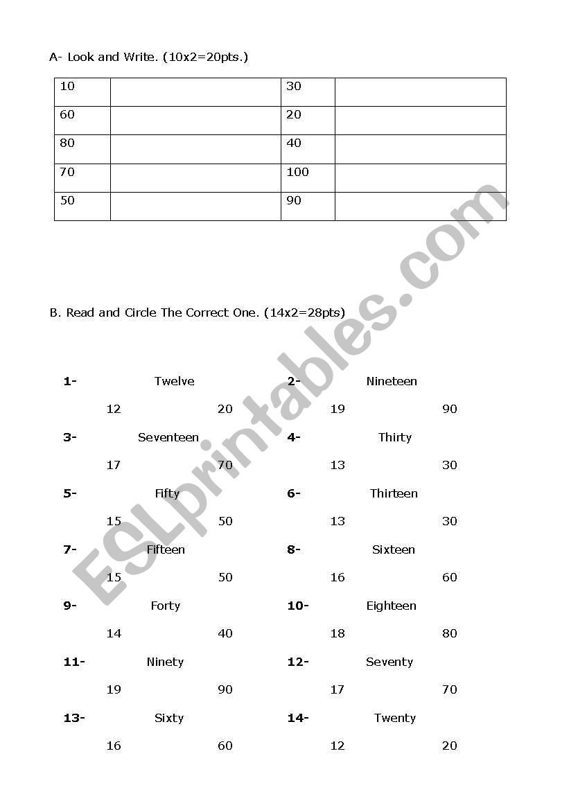 numbers worksheet