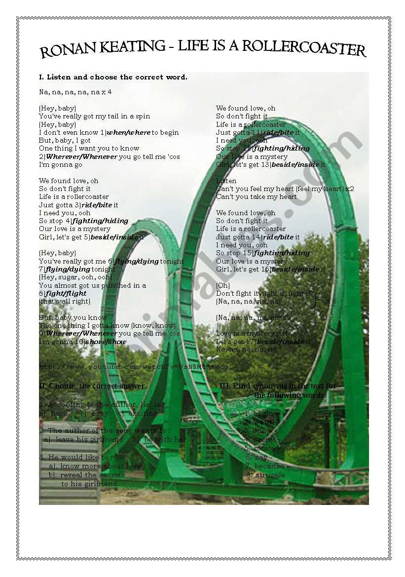 “Life is a rollercoaster” by Ronan Keating - 3 exercises