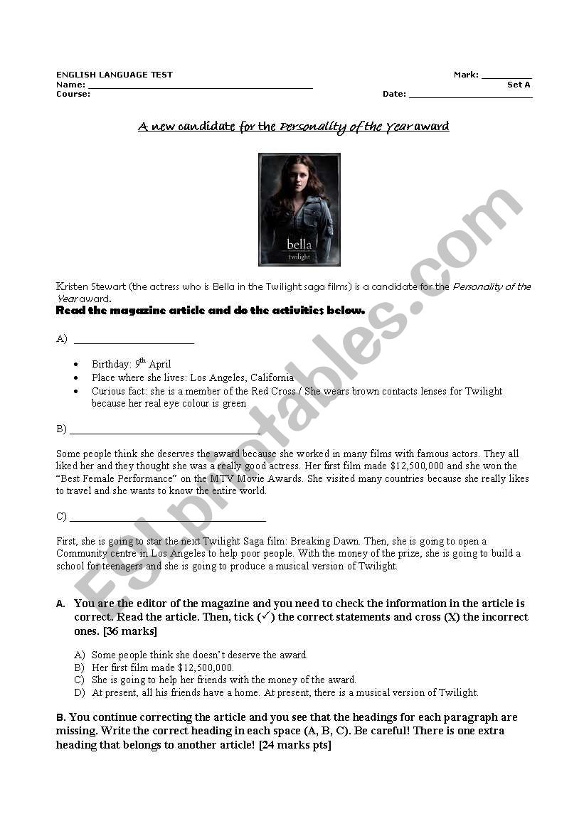 Tests for teens worksheet