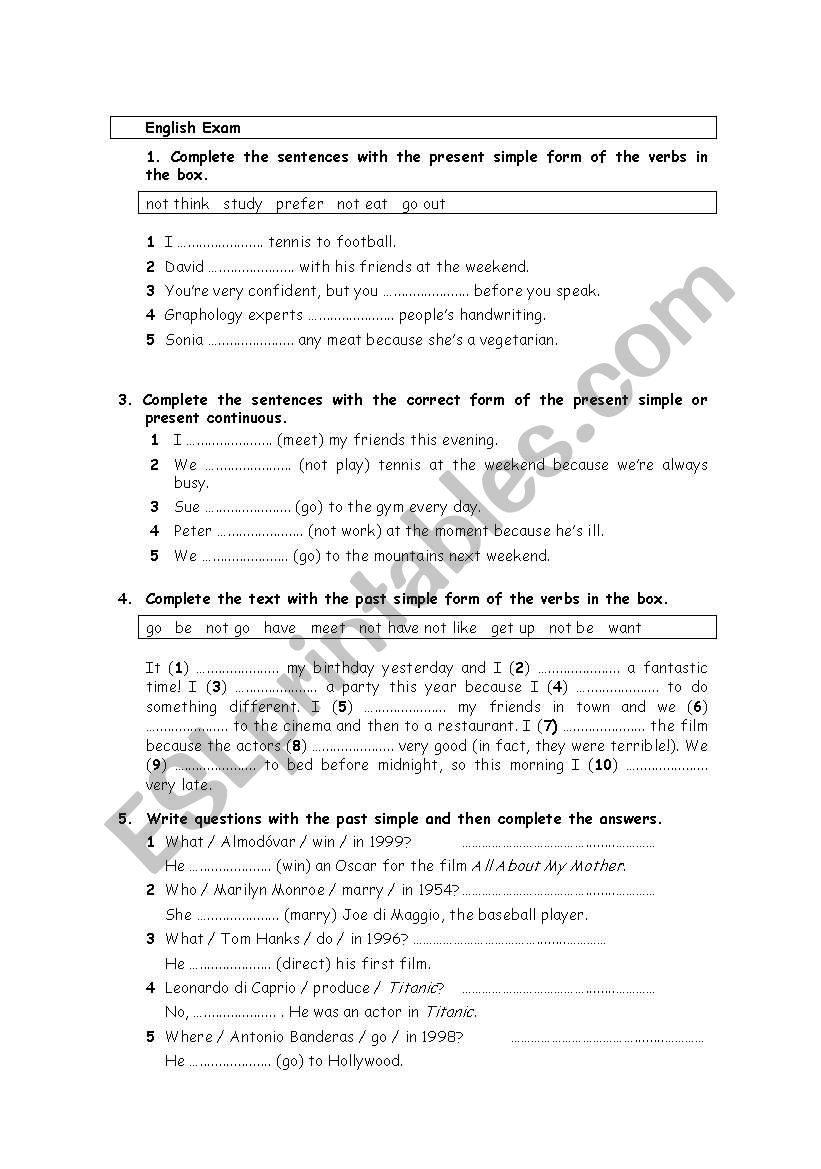 EXAM ON PAST TENSES worksheet