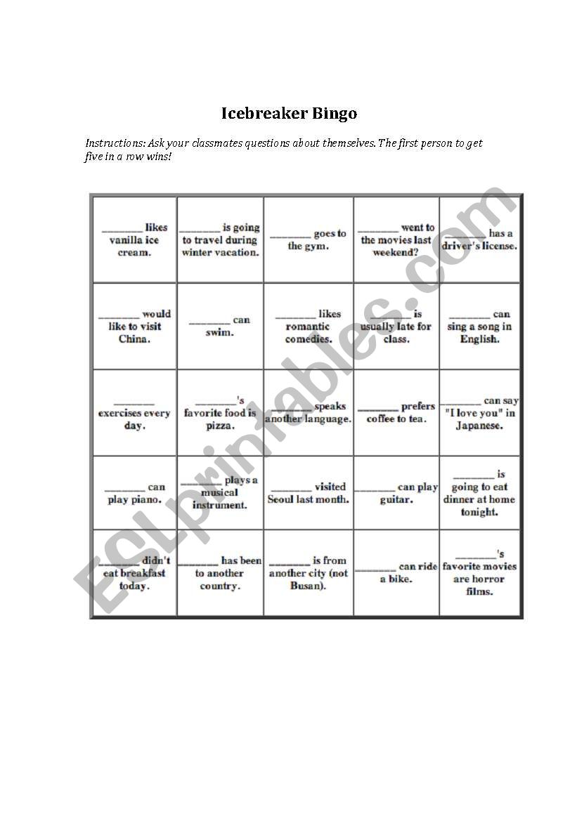 Icebreaker Bingo worksheet