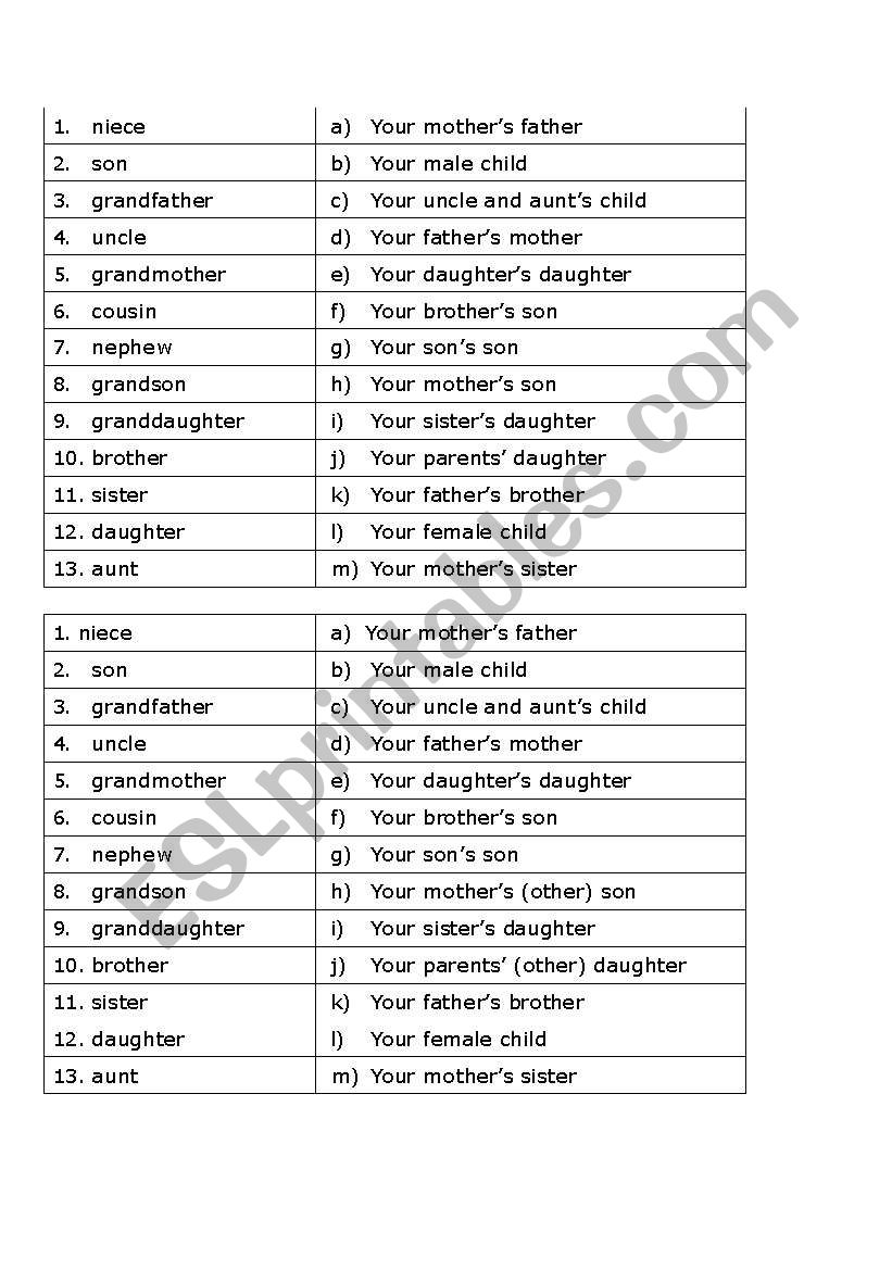 My Family - find the match! worksheet