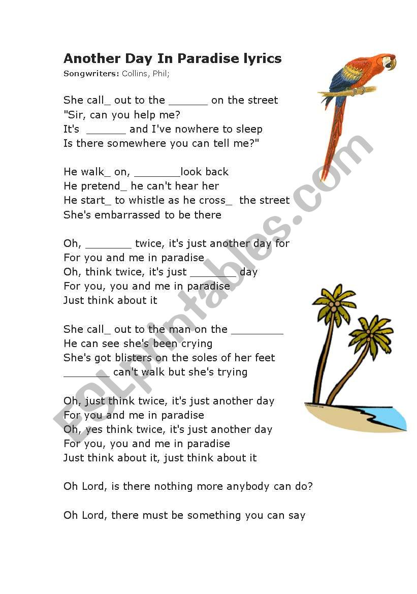 Another Day In Paradise lyrics - ESL worksheet by Adva