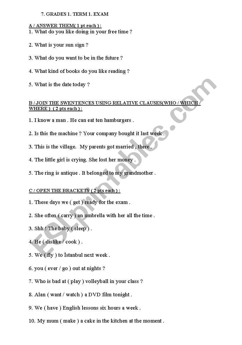 7 grades exam worksheet