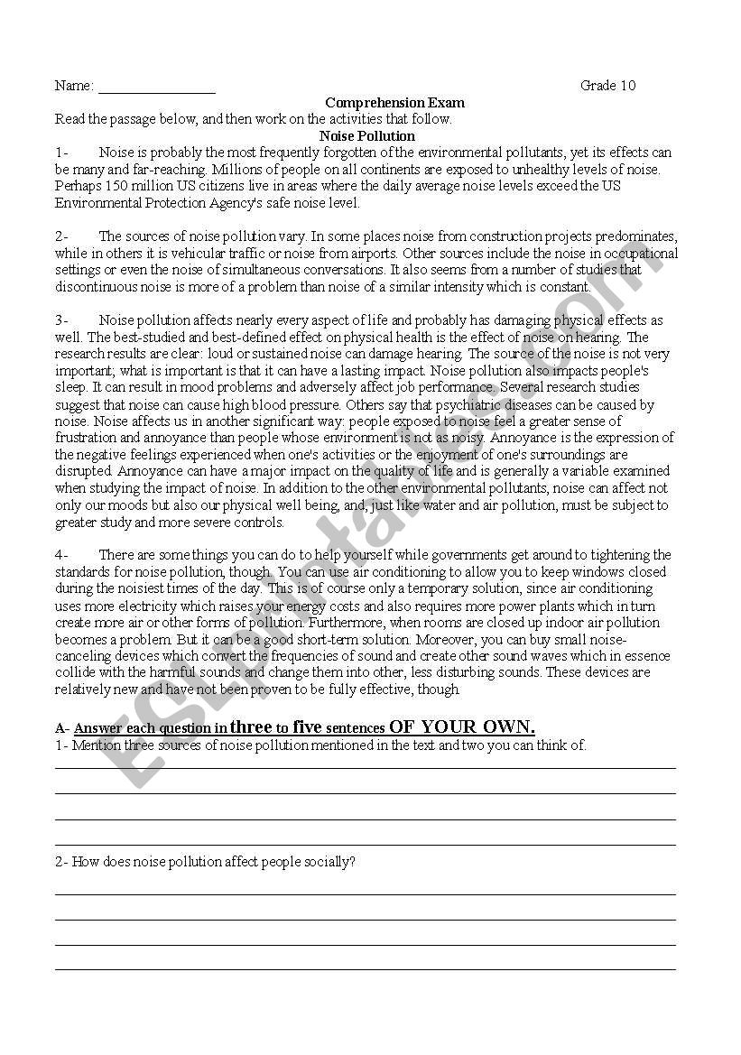 Noise Pollution worksheet