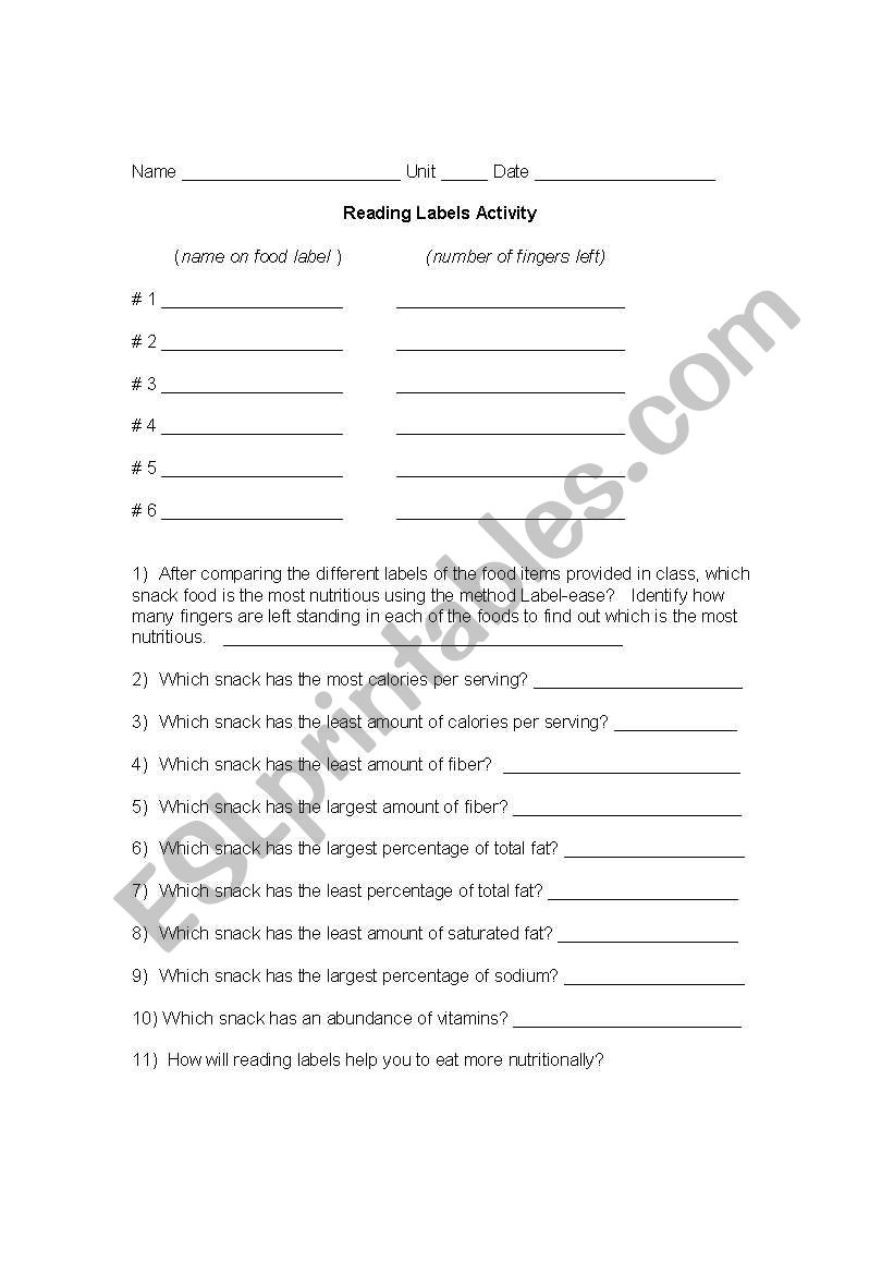 English worksheets: read the food labels With Reading Food Label Worksheet