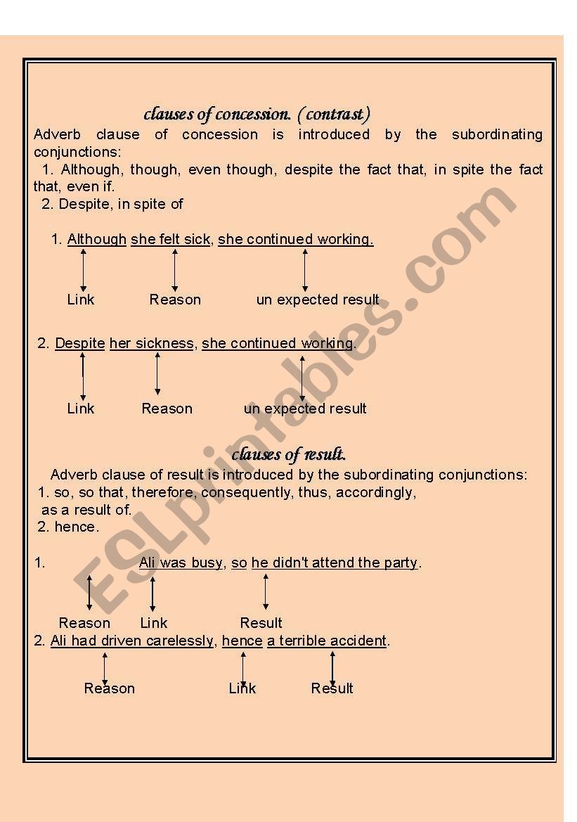 clauses of concession. ( contrast) and clauses of result