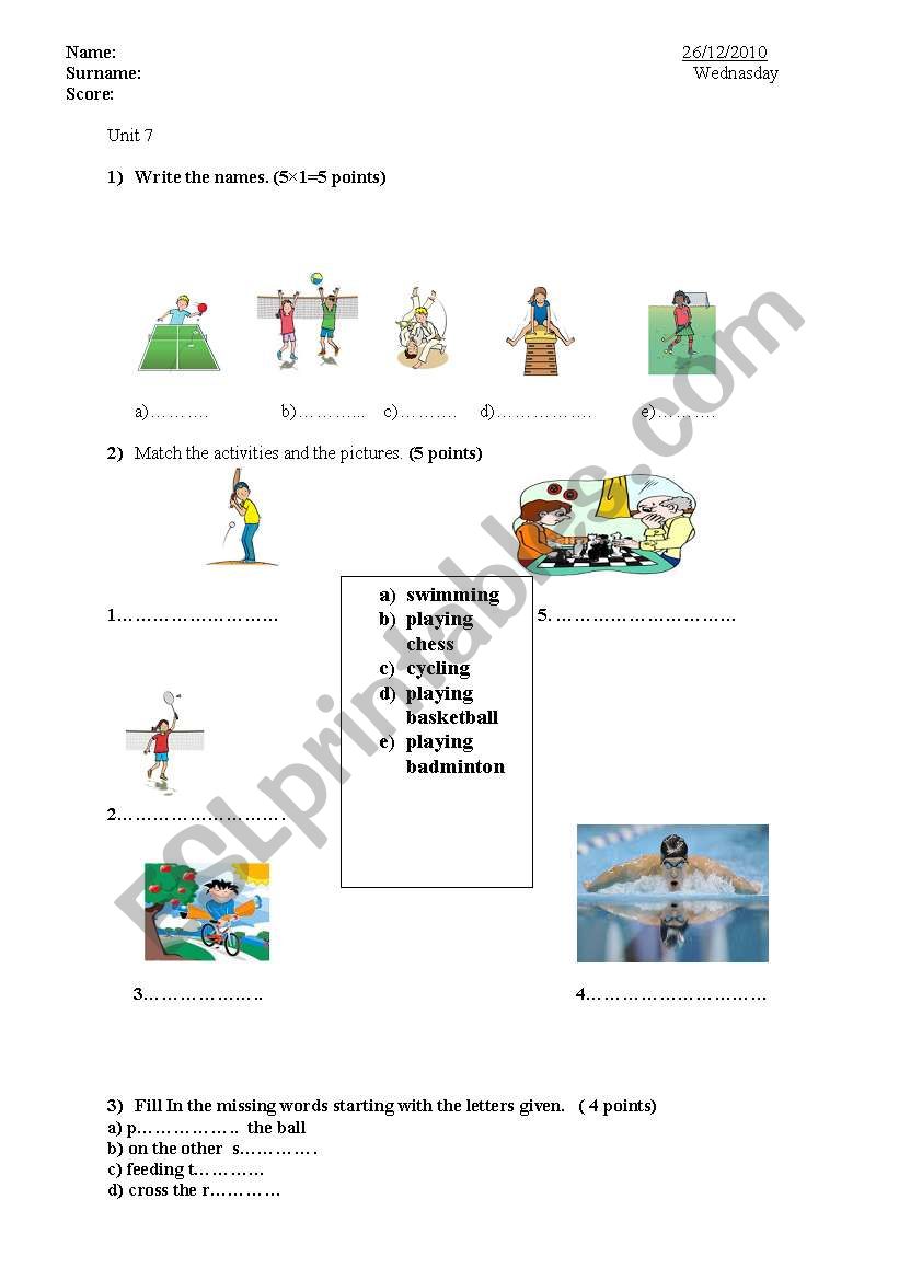 sport worksheet