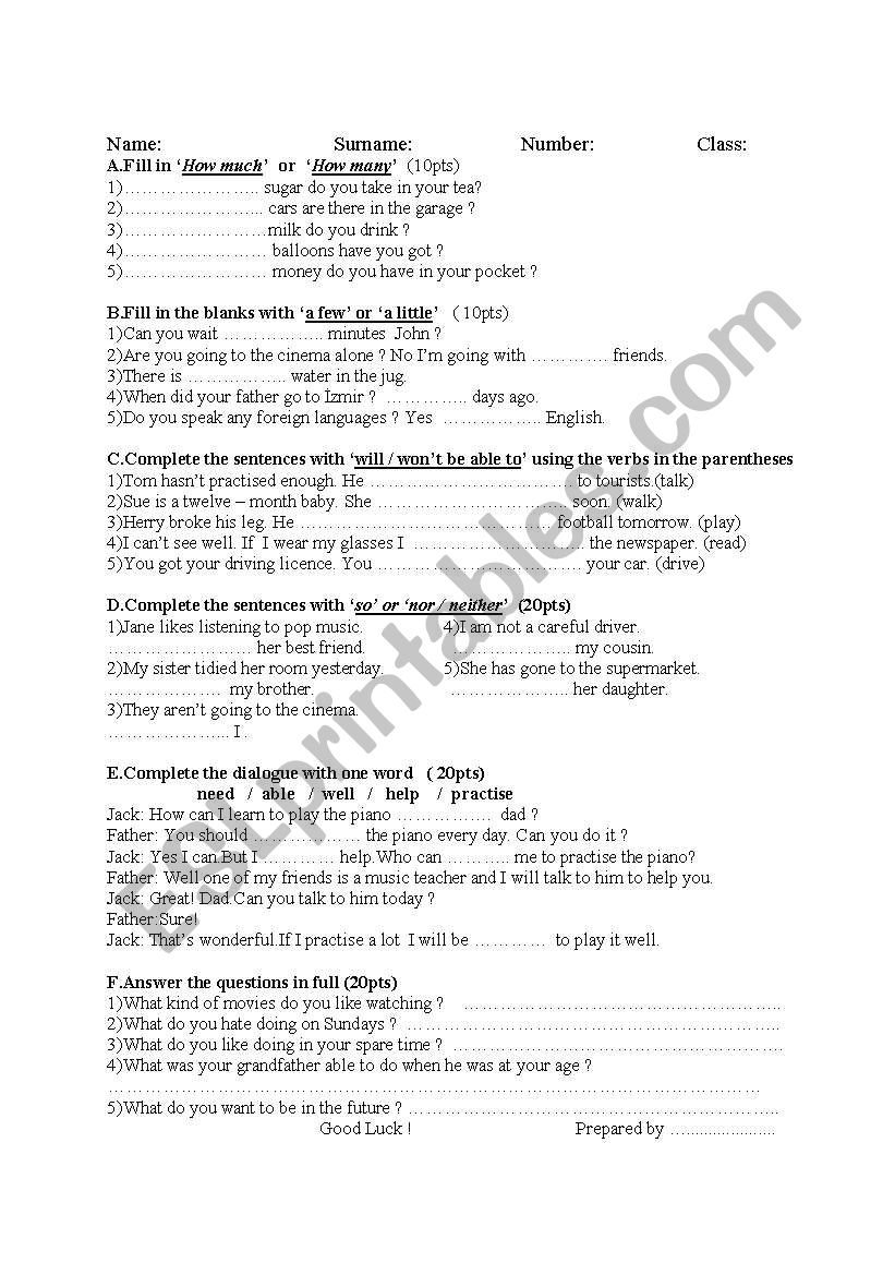Exam  worksheet