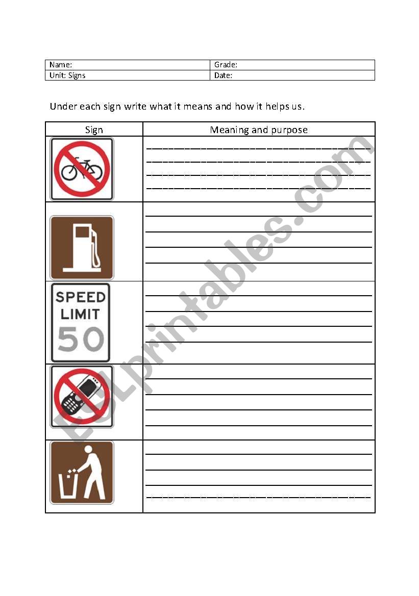 signs worksheet