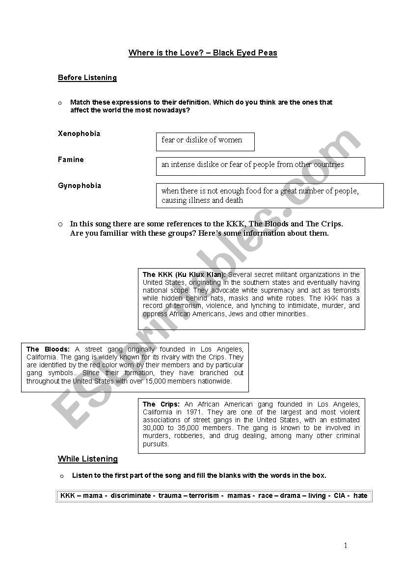 Song: Where is the love worksheet