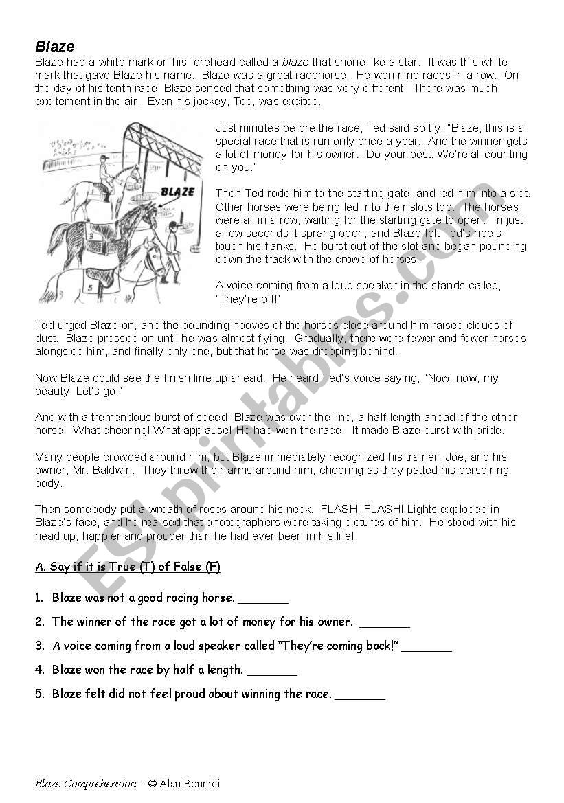 Blaze Comprehension worksheet