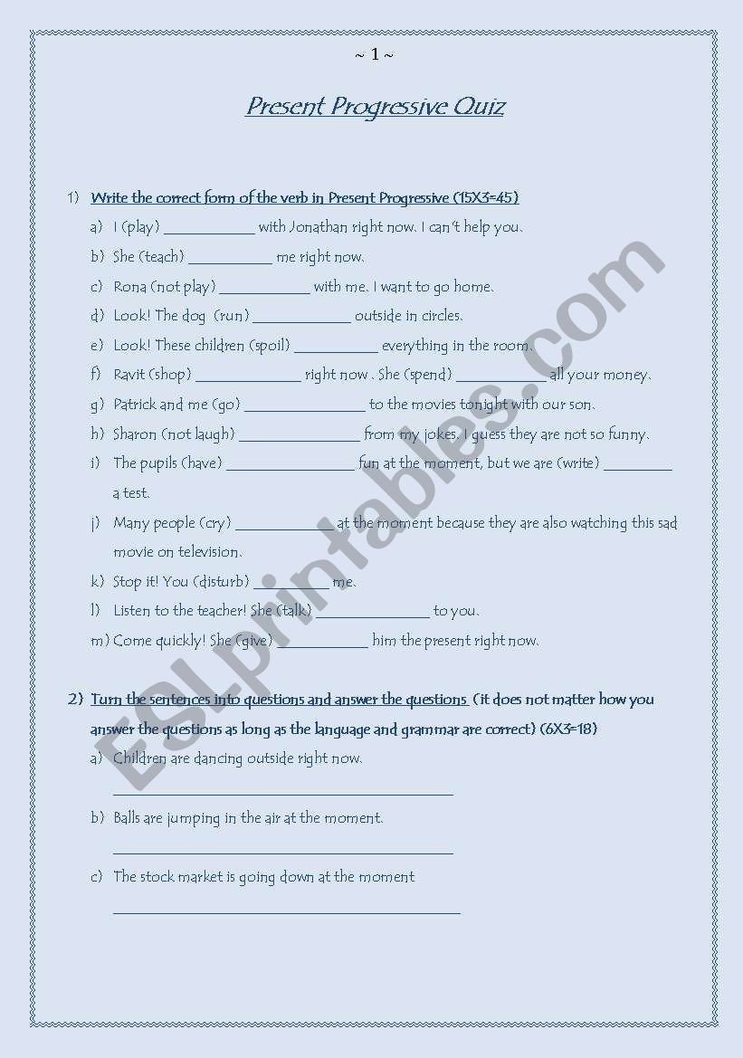 Present Progressive Quiz worksheet