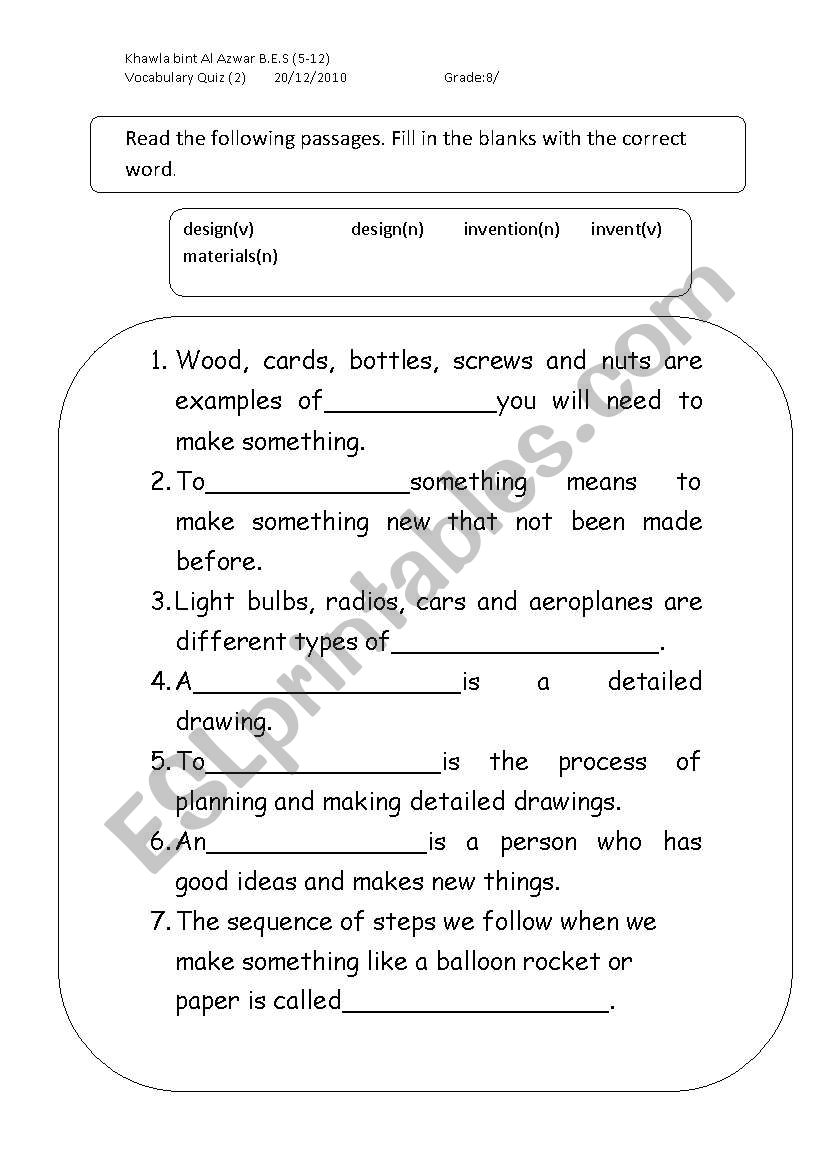 Vocabulary Quiz worksheet