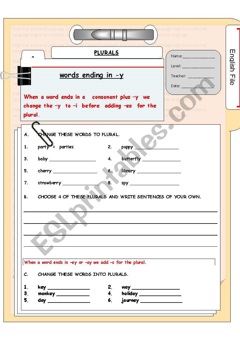 PLURALS .words ending in -y worksheet