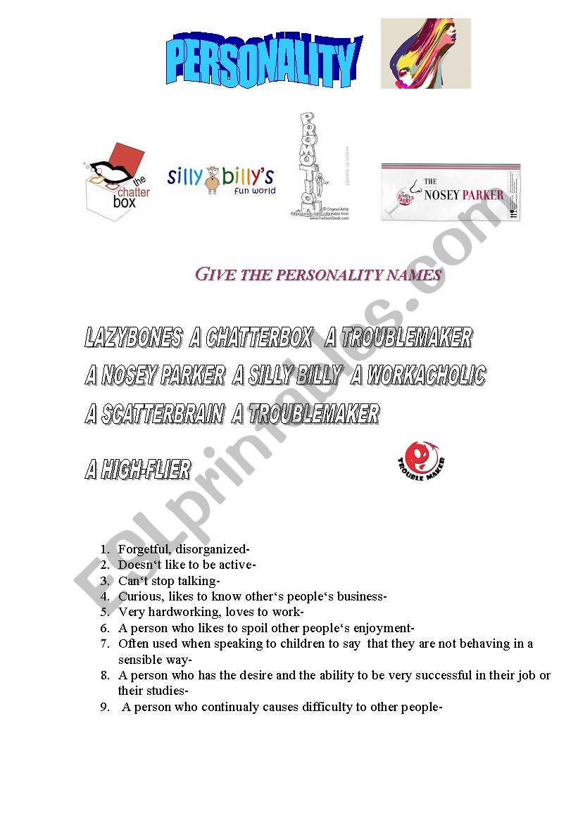 PERSONALITY NAMES worksheet