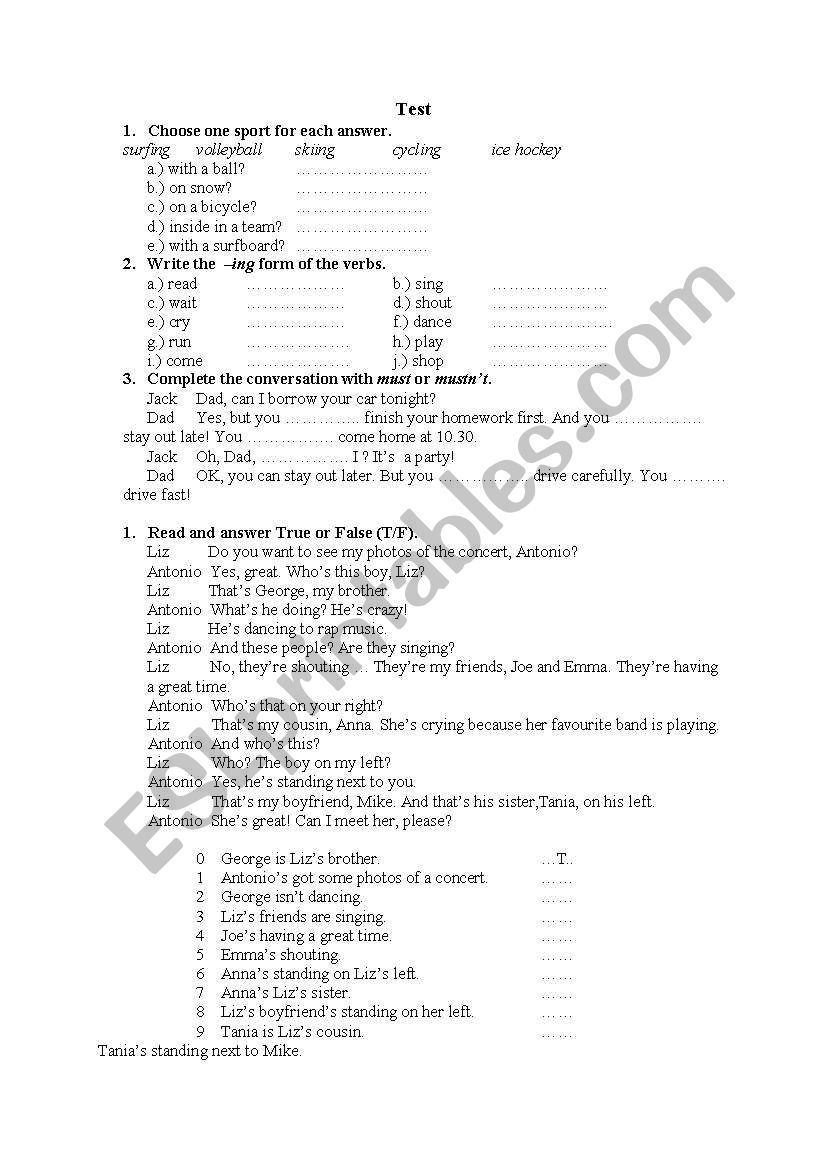 Test with reading worksheet