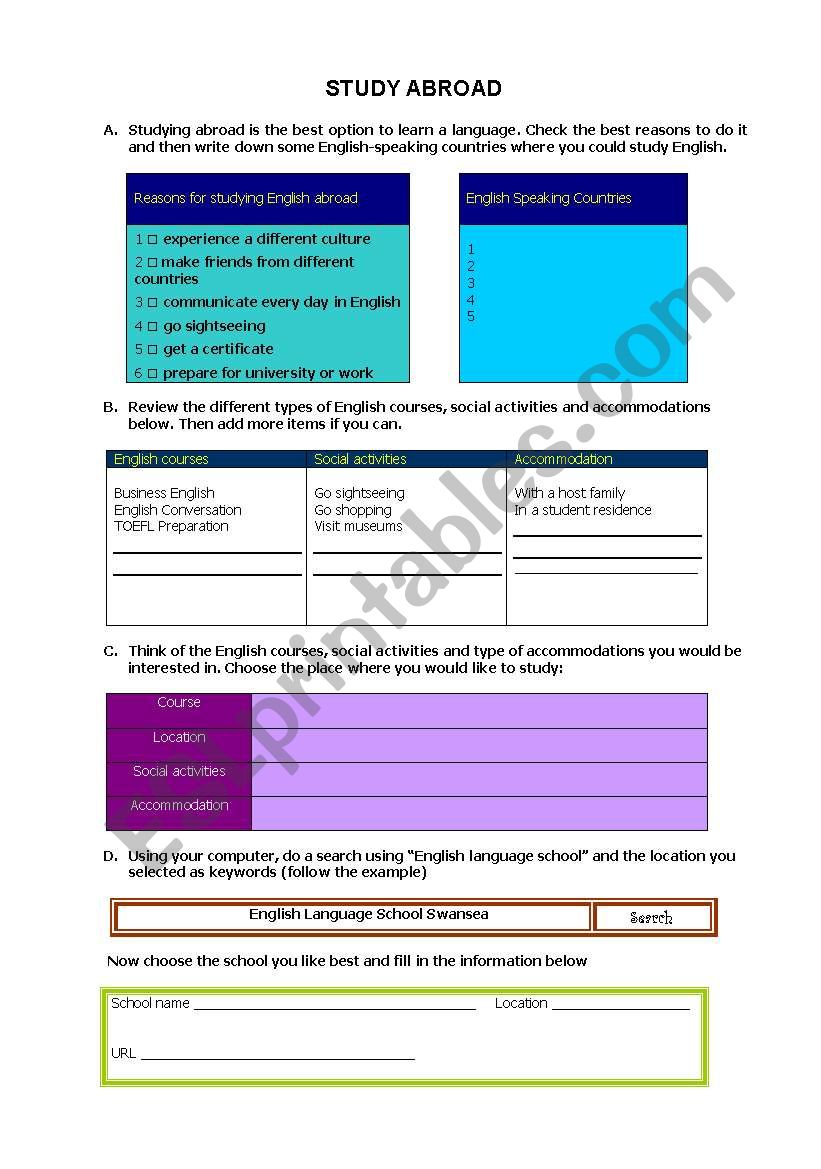 Study Abroad worksheet