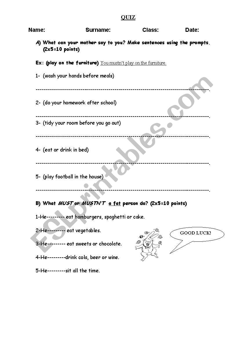 quiz about must/mustnt worksheet