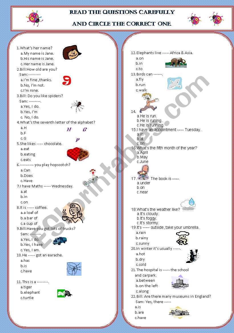 A GENERAL MULTIPLE -CHOICE TEST. (45 QUESTIONS &2 PAGES)