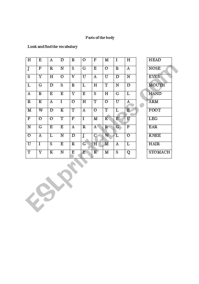 Parts of the body  worksheet
