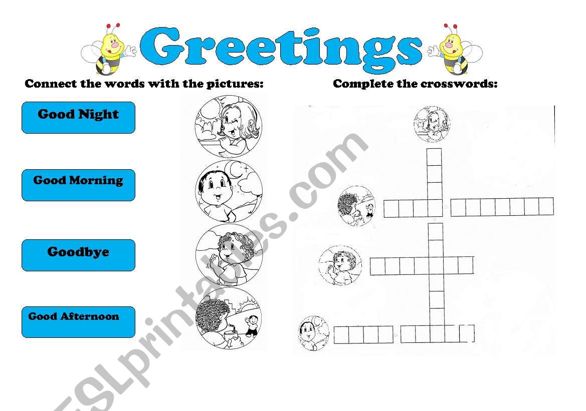 Greetings  - connect the words with the pictures and complete the crossword