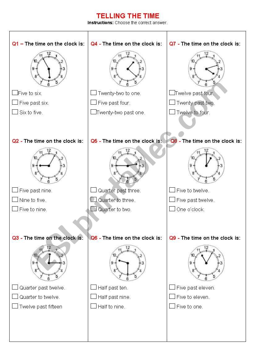 TELLING THE TIME QUIZ worksheet