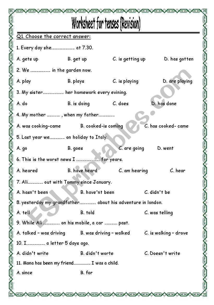 exercises about tenses worksheet