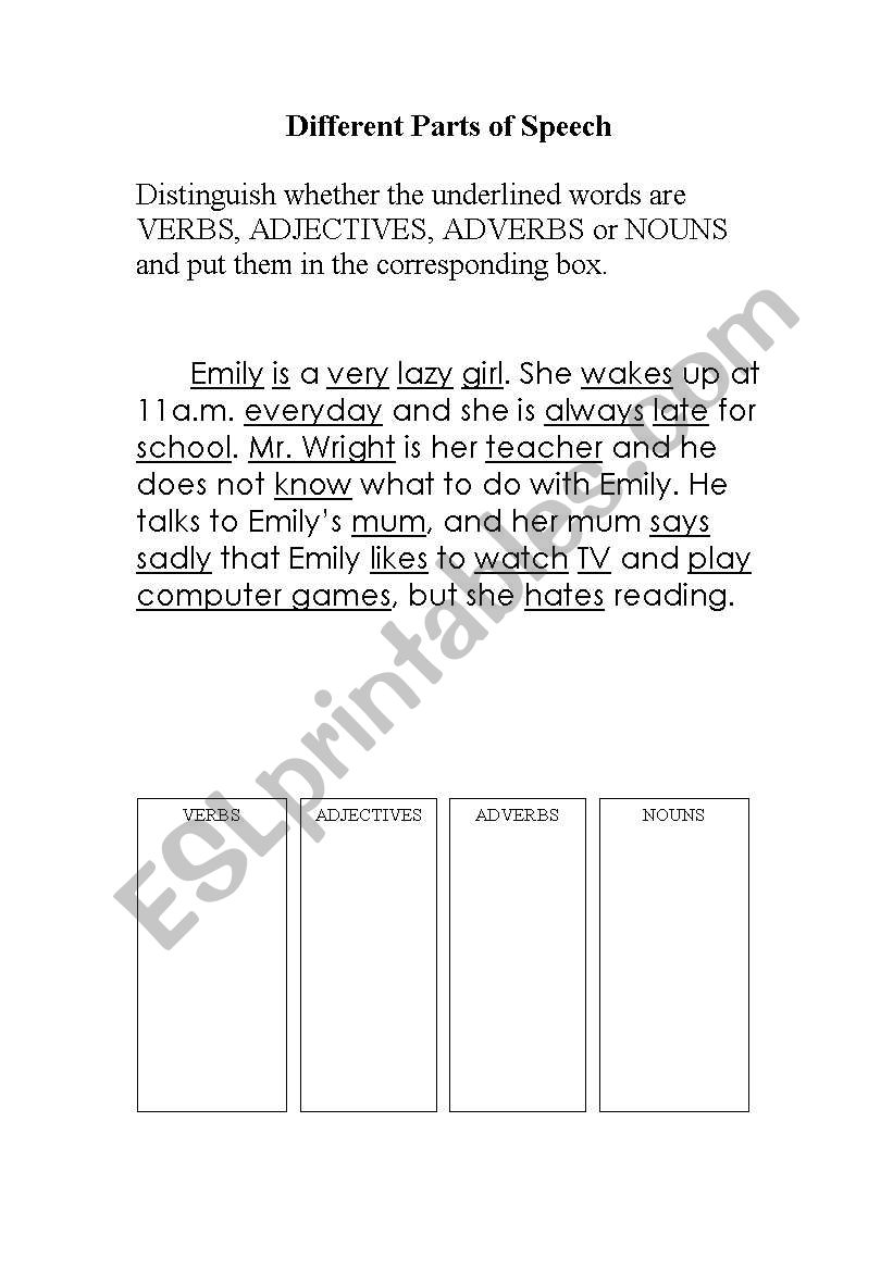 Different Parts of Speech worksheet