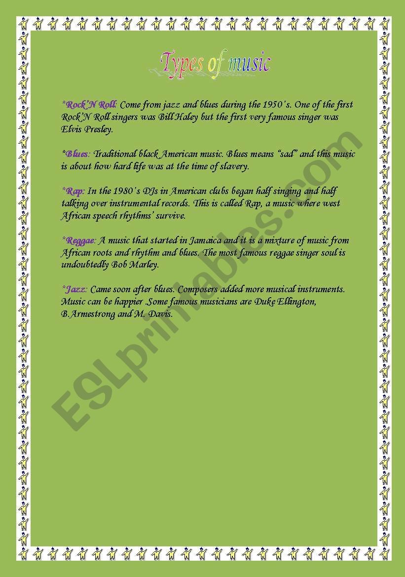 English Worksheets Types Of Music English Worksheets Types Of Music
