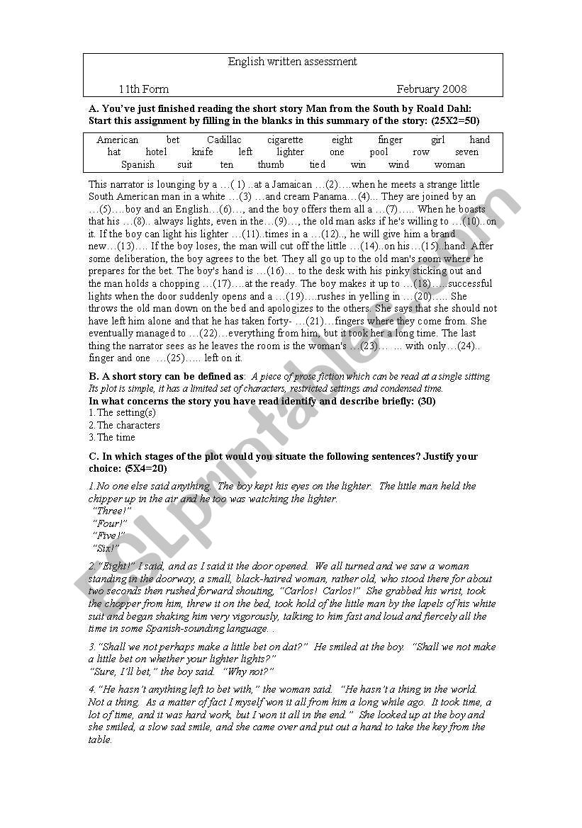 Man from the South by Roald Dahl- Testing