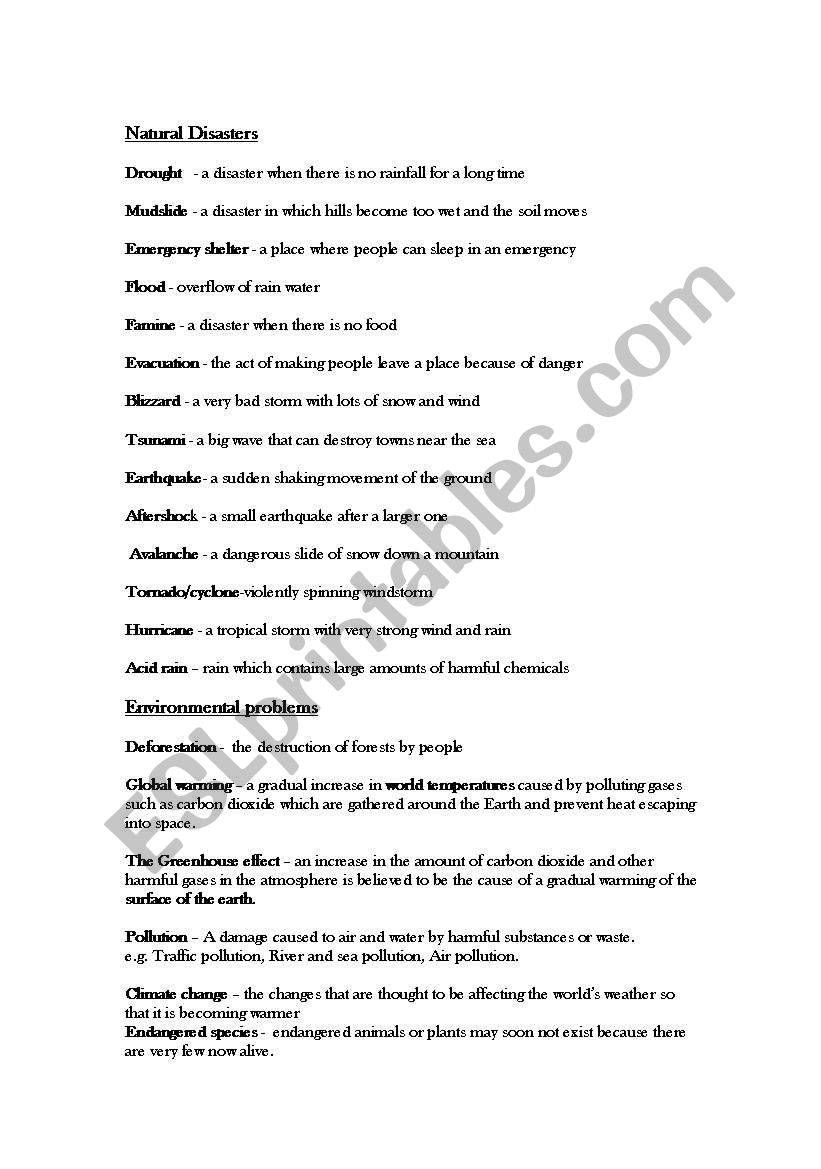 Vocabulary on Natural disasters and environmental issues.