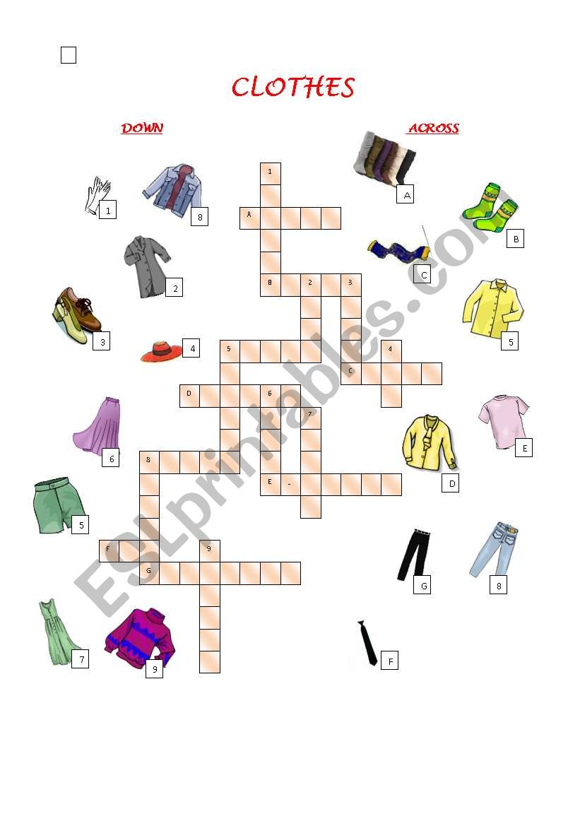 clothes crossword with key worksheet