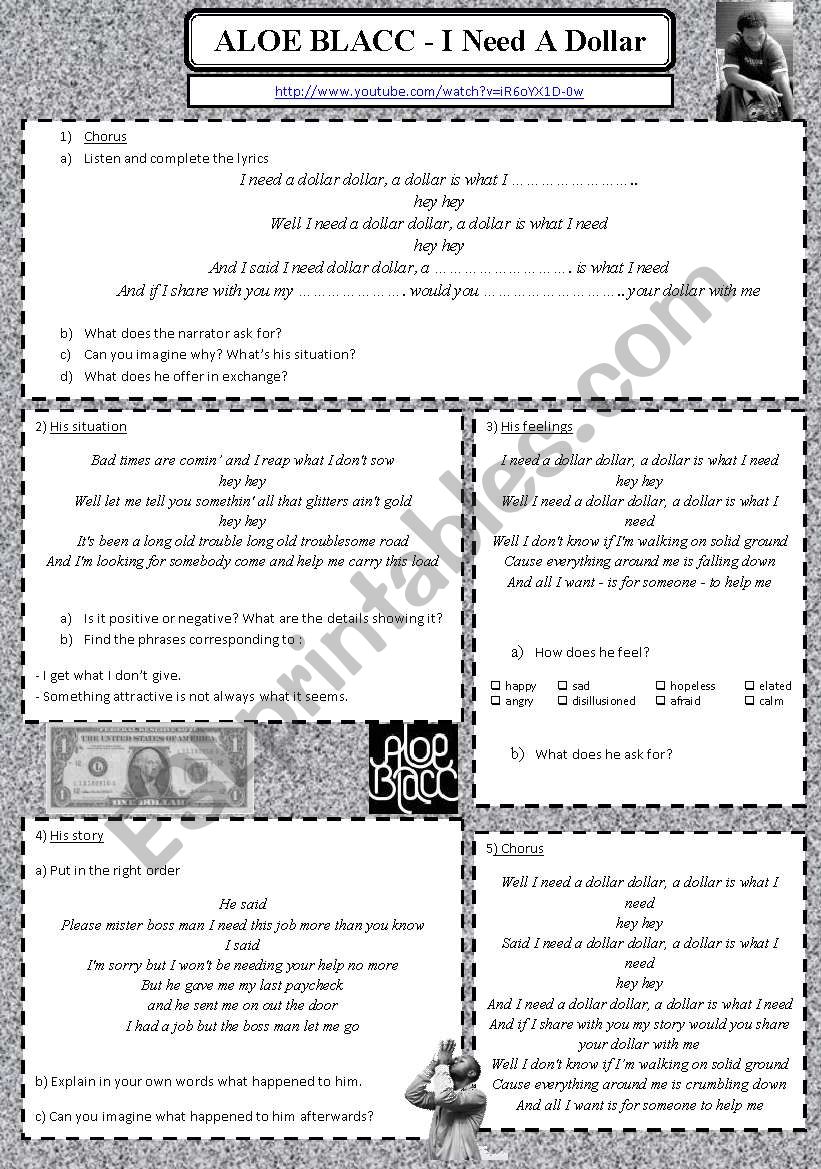 I need a dollar- Homelessness worksheet