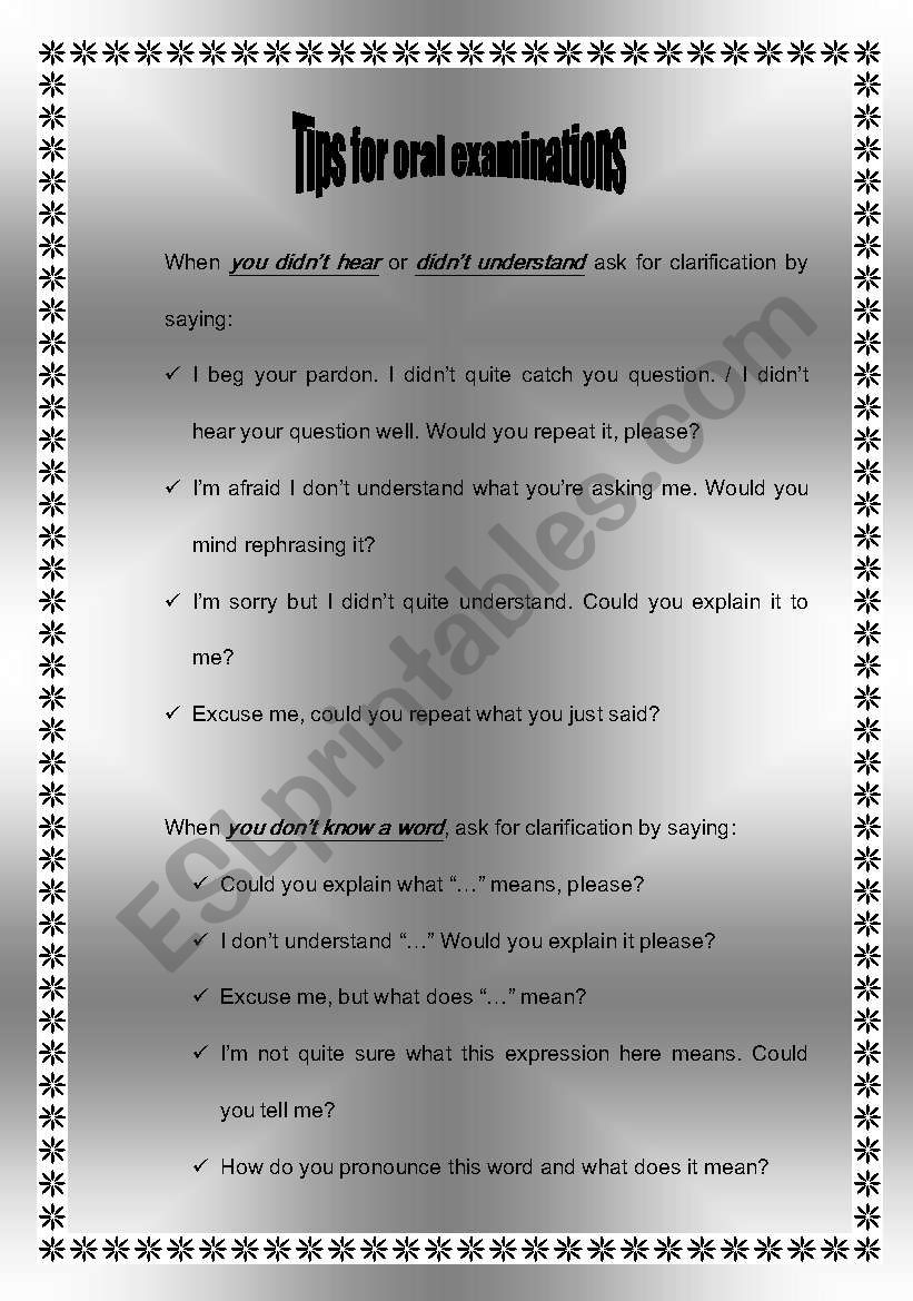 Tips for oral examinations worksheet