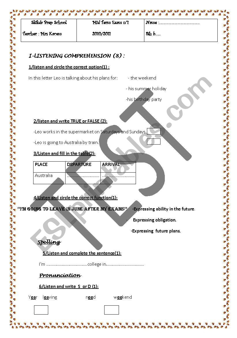 listening test worksheet