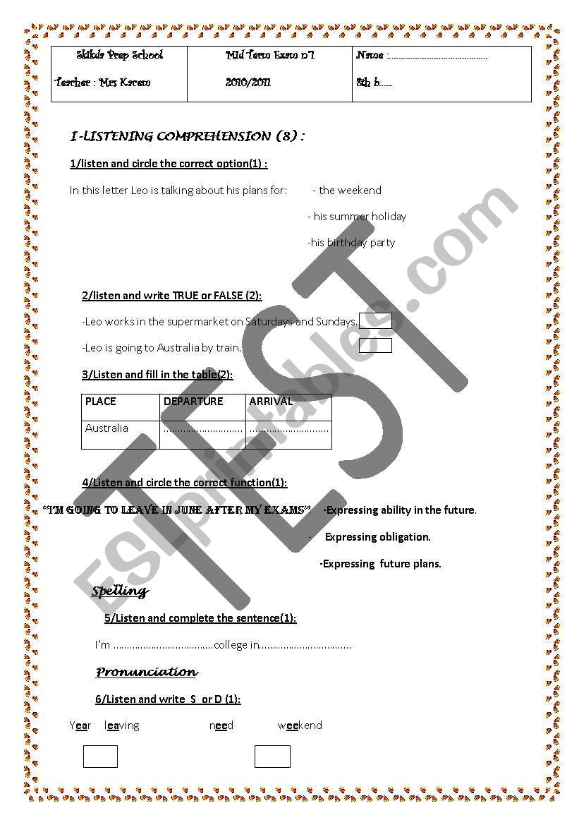 listening test worksheet