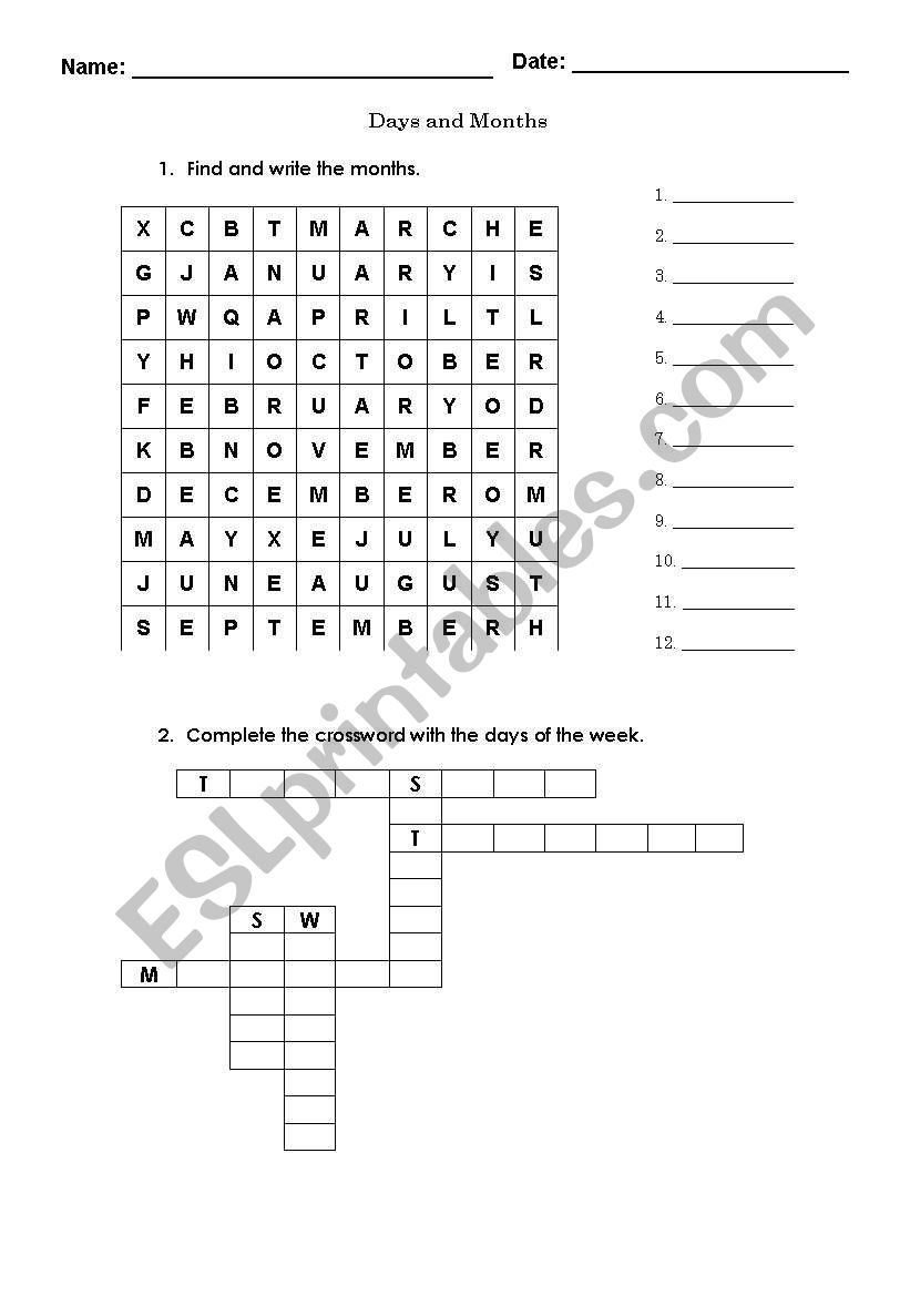 Days and Months worksheet