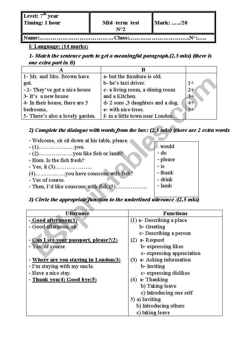 mid-term test 2 for 7th worksheet