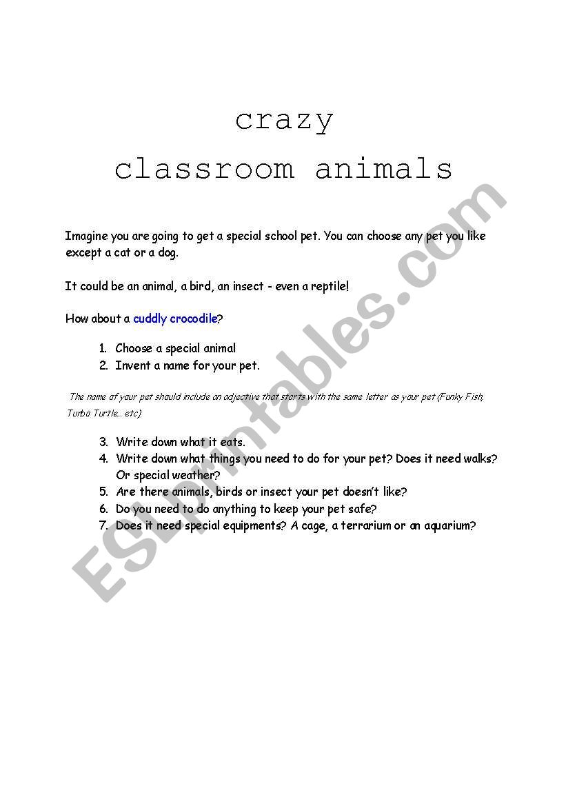 Crazy Classroom animal worksheet