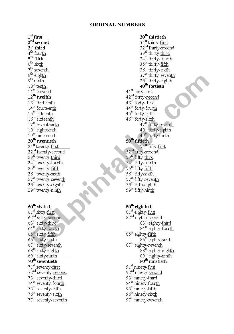 ordinal numbers worksheet