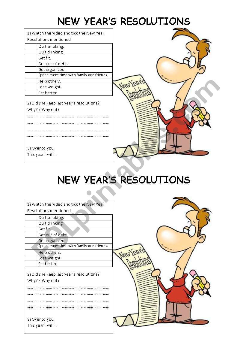 NEW YEARÂ´S RESOLUTIONS worksheet
