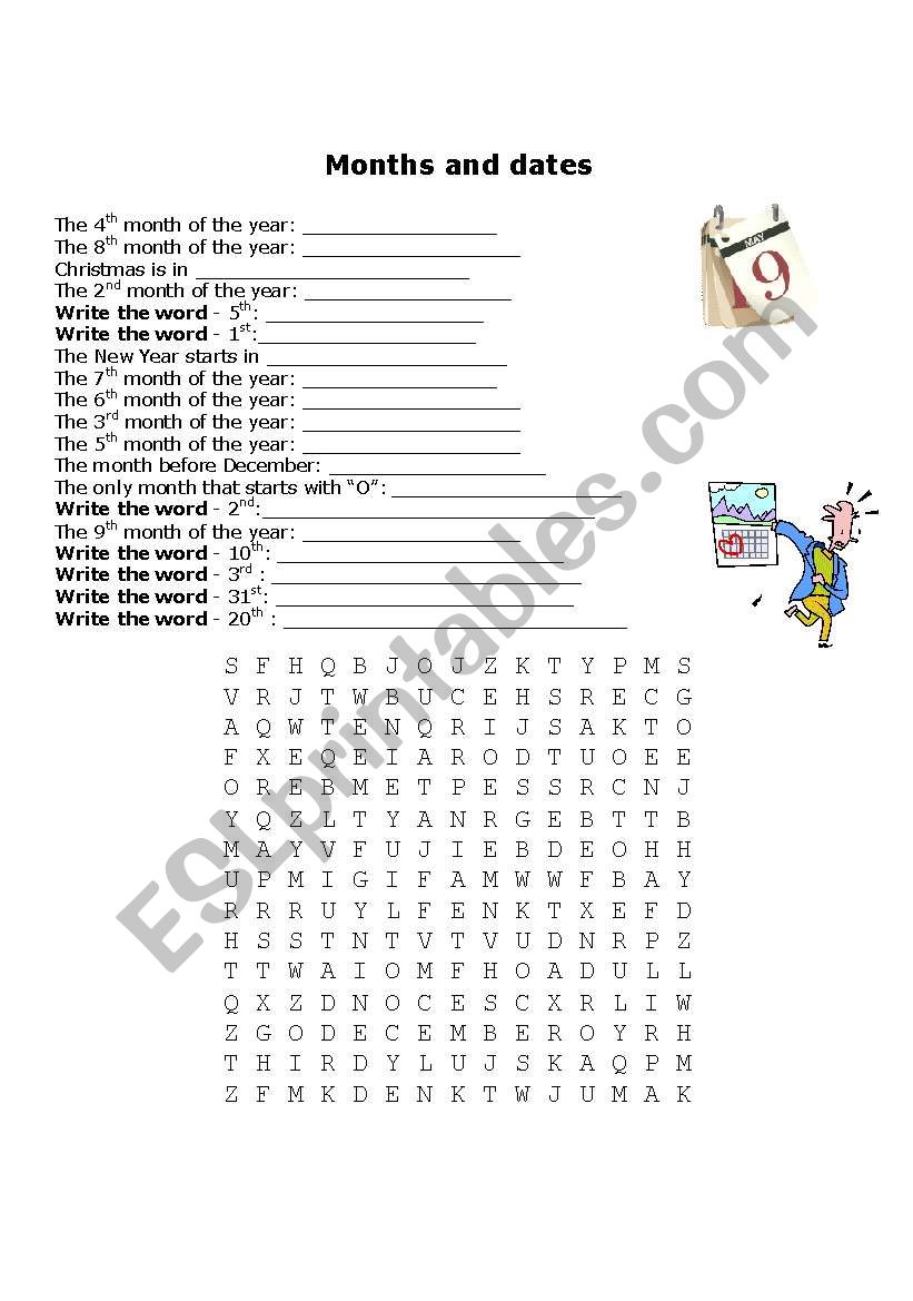 Months and dates - wordsearch worksheet