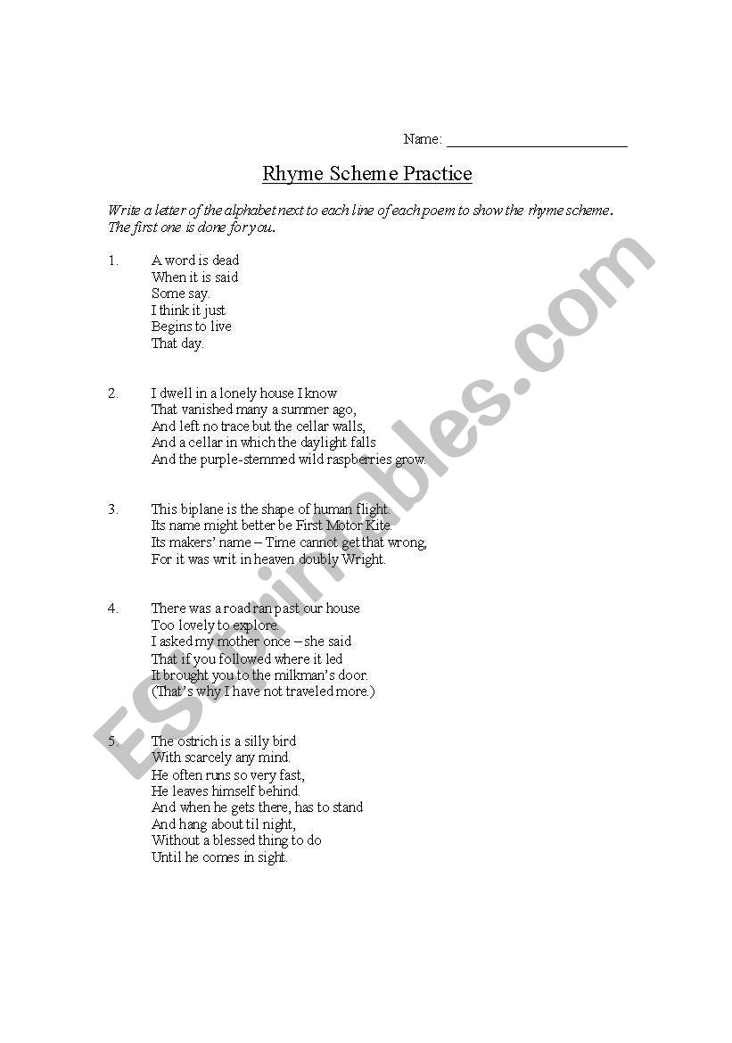 rhyme scheme worksheet
