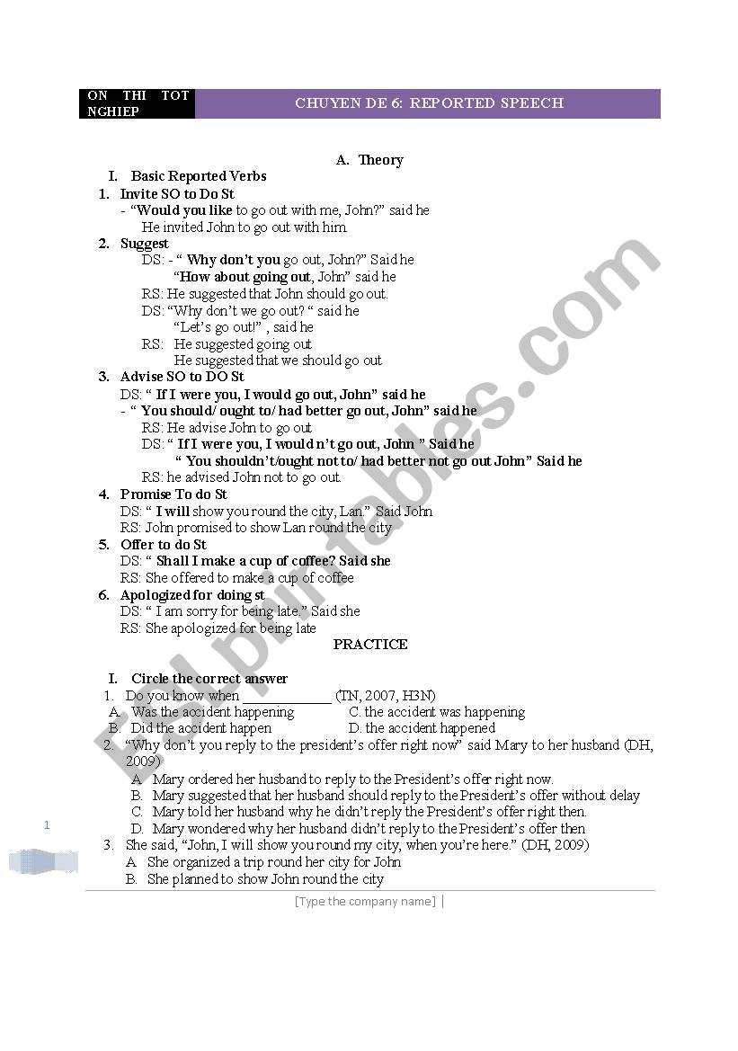 reported speech worksheet