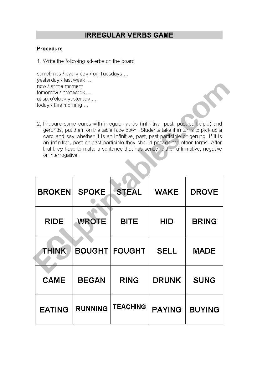 Irregular verbs game worksheet