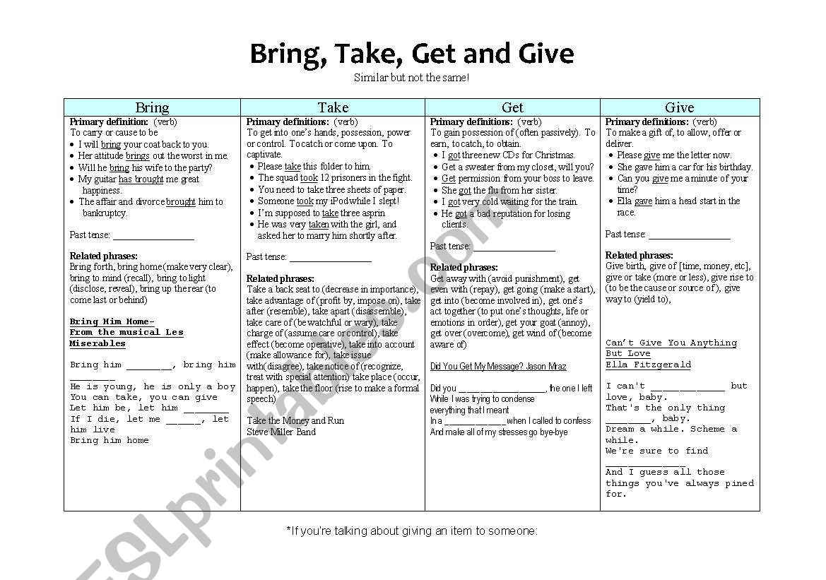 Bring, Take, Get and Give worksheet
