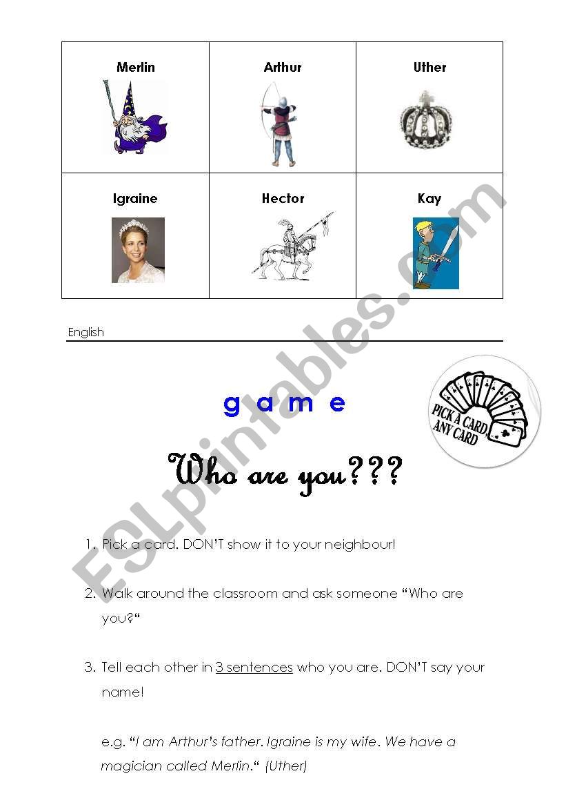 King Arthur game worksheet