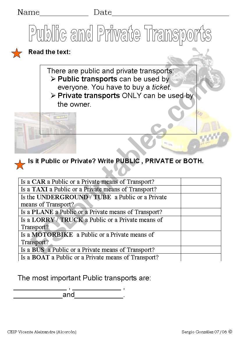 public and private transports worksheet