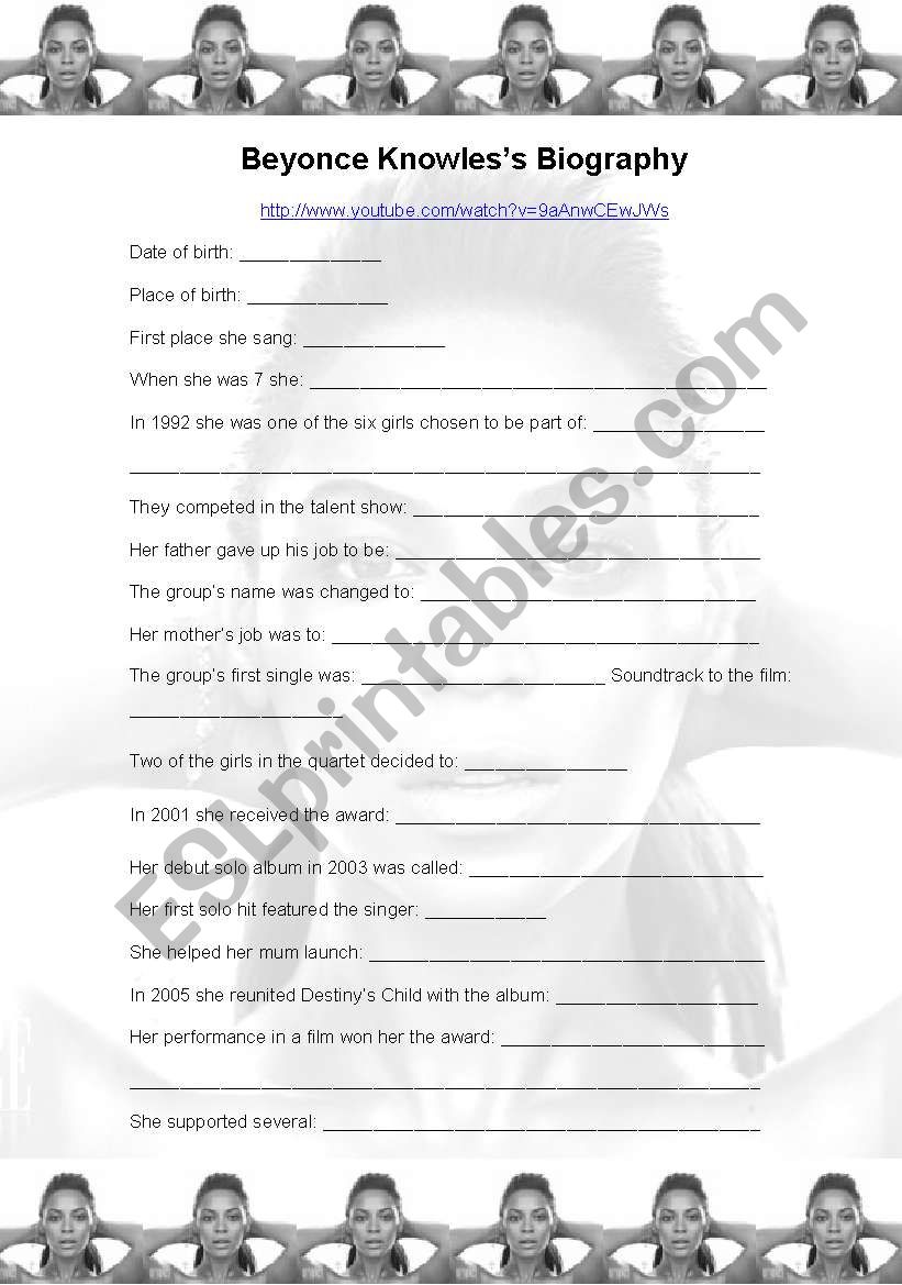 Beyonces biography worksheet